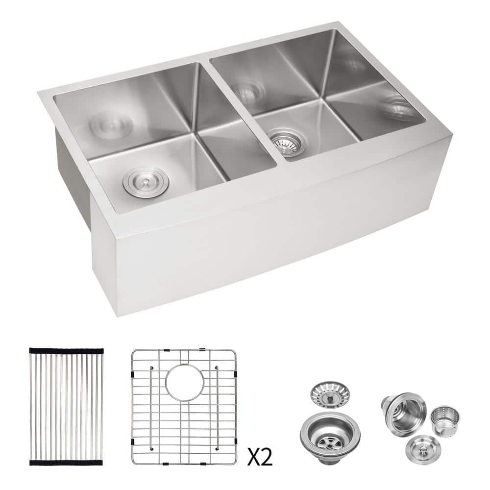 33 in. Farmhouse/Apron Front Double Bowl (50/50) 16-Gauge Brushed Nickel Stainless Steel Kitchen Sink with Drying Rack -  ANGELES HOME, W128CK227