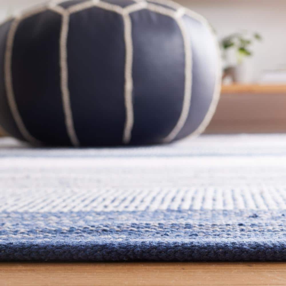 Grey and Blue Wool Cotton Striped 5' x 8' Area Rug