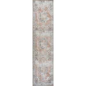 Terra/Blue 2 ft. x 8 ft. Armae Distressed Medallion Chenille Machine-Washable Runner Rug