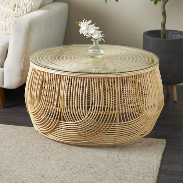 Litton Lane 31 in. Light Brown Medium Round Rattan Coffee Table