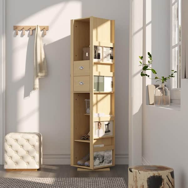 Light Natural Wood Hall Tree with Mirror, 4 Hooks, Display Shelves and 2 Drawers, 360° Rotating Entryway Organizer