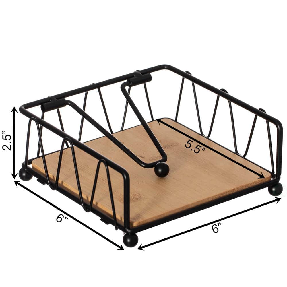Black Metal Square Napkin Holder with Wooden Base