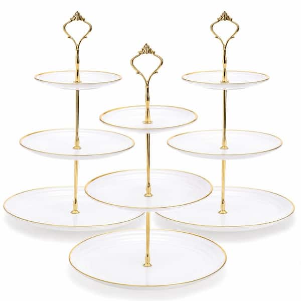 3-Pack 3-Tier White Plastic Round Dessert Cake Stand Tower Set with Pull Ring Handle Cake & Tiered Stands