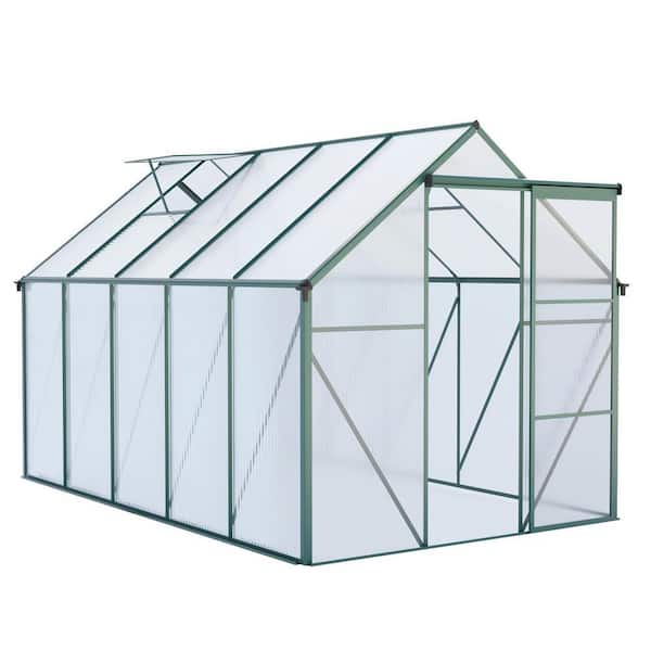 6 ft. W x 10 ft. D, Single Sliding Door Polycarbonate Greenhouse Raised Base and Anchor Aluminum, in Green