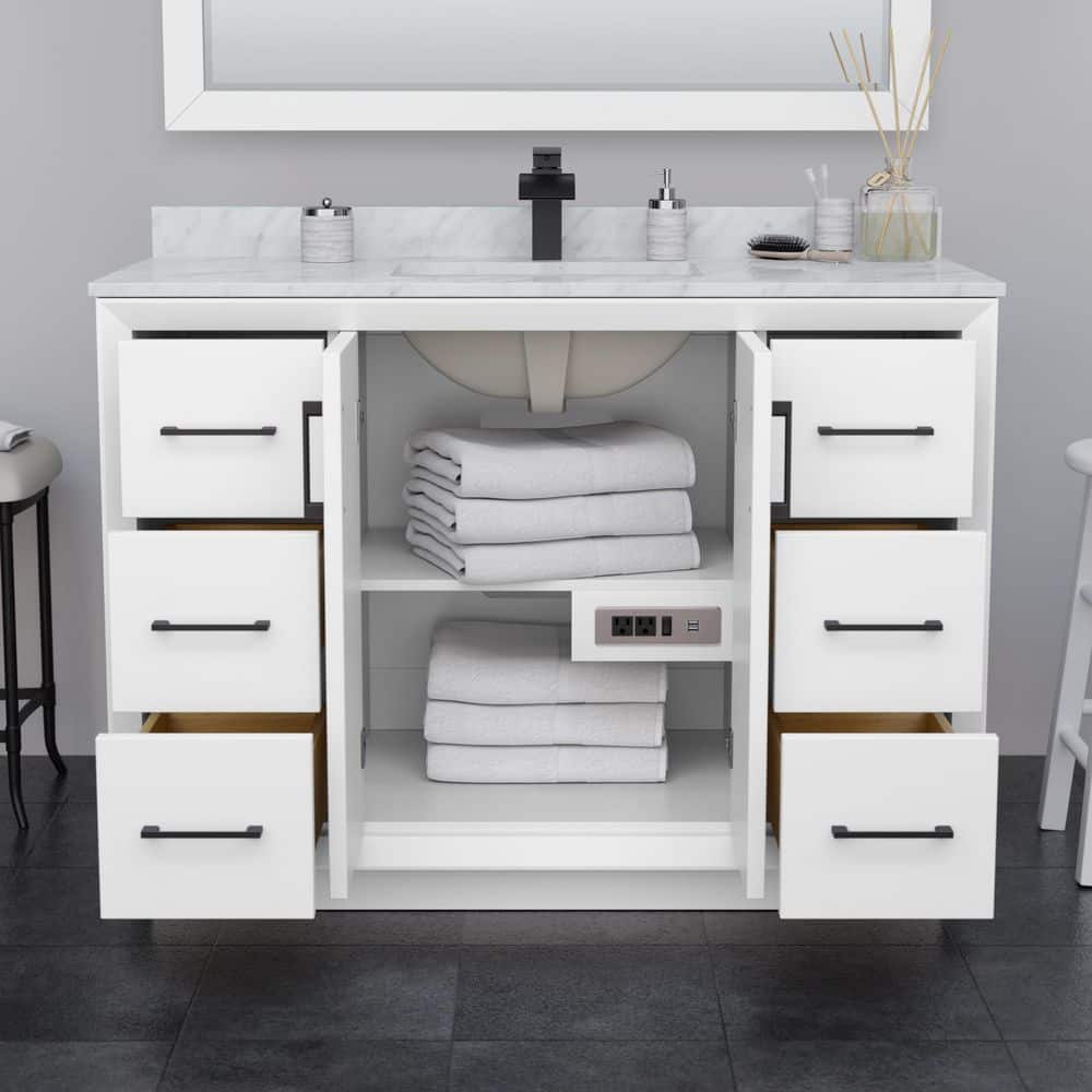 Strada 48" White Transitional Bathroom Vanity with Satin Bronze Trim
