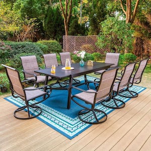Black 9-Piece Metal Outdoor Patio Dining Set with Slat Extendable Table and Padded Textilene Swivel Chairs