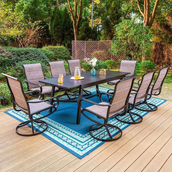 Black 9-Piece Metal Outdoor Patio Dining Set with Slat Extendable Table and Padded Textilene Swivel Chairs