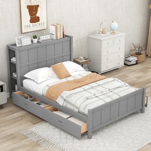Gray Wood Frame Full Size Platform Bed with 4-Drawers and 6-Storage Shelves