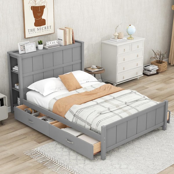 Twin/Full Size House Bed with Storage Drawers and Shelves, Wood
