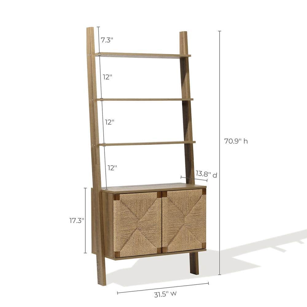 Brown Pine Wood Ladder Bookcase with Woven Rope Doors