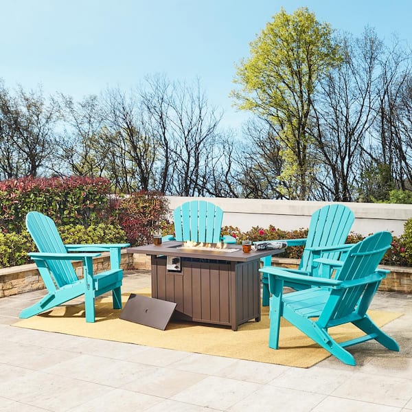 Glitzhome 5-Piece 30000-BTU Tiles Top Aluminum Propane Patio Fire Pit and HDPE Folding Adirondack Chairs Set