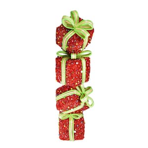 34 in. Red and Green Lighted Candy Stacked Gift Boxes Tower Outdoor Christmas Decoration