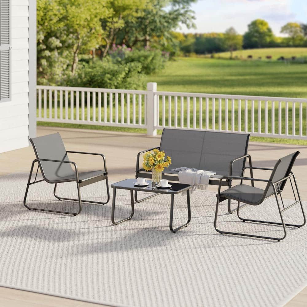 Lofka 4 Piece Patio Furniture Set, Bistro Set with Loveseat and 2 Single Chairs, for Backyard, Balcony, Gray