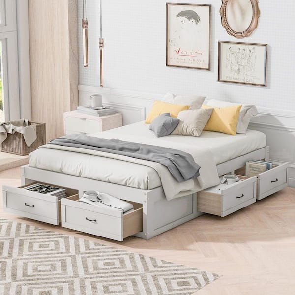 Antique White MDF Wood Frame Full Platform Bed with 6-Storage Drawers