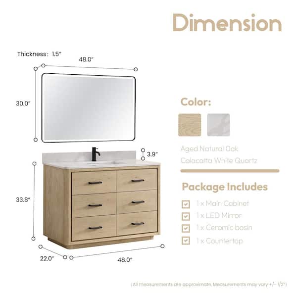 Porto 48 in. W x 22 in. D x 33.8 in. H Single Sink Bath Vanity in Natural Oak with White Quartz St1 Top and Mirror