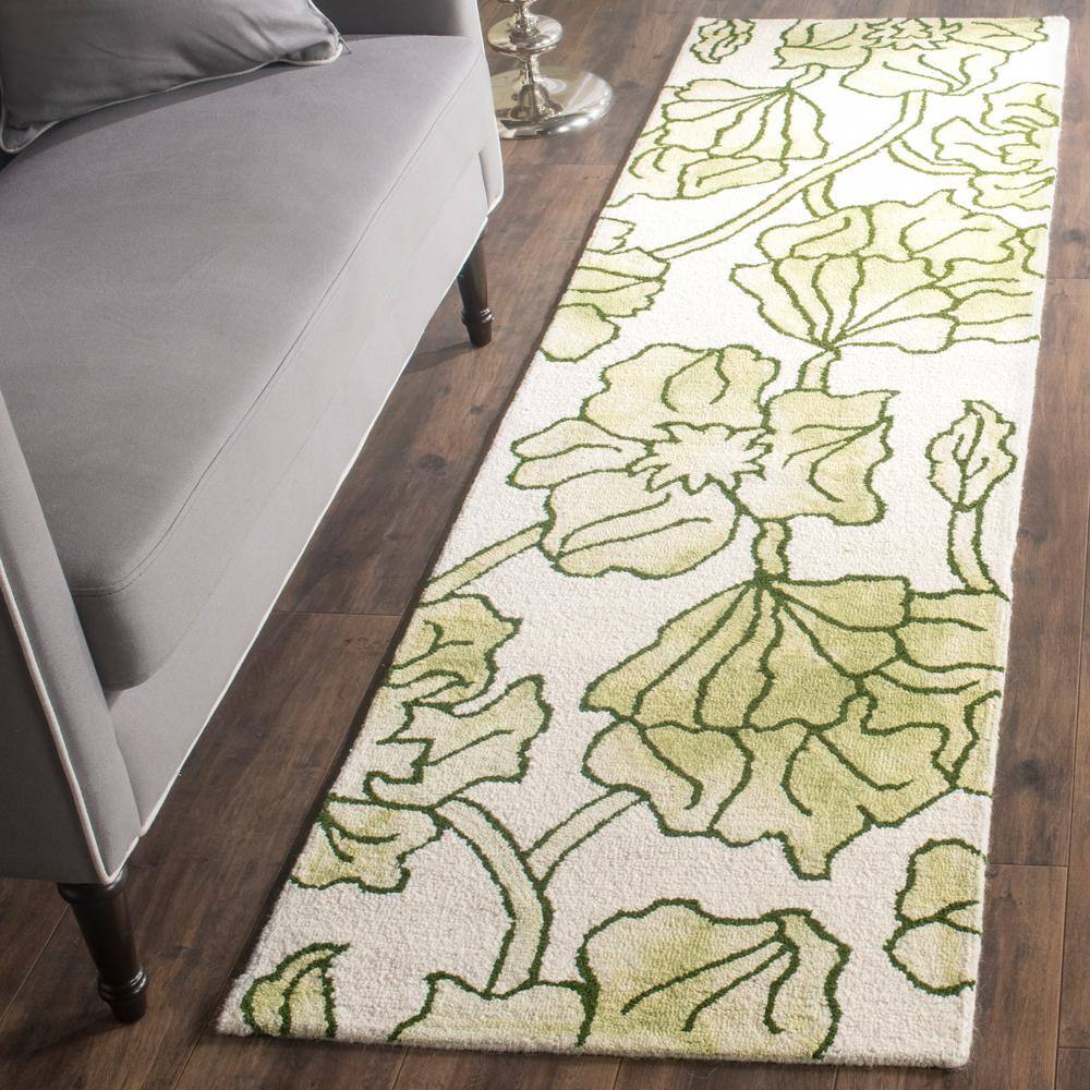 Ivory and Light Green Floral Wool Runner Rug, 2'3" x 6'