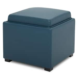 Riley 18 in. Wide Leather Contemporary Square Storage Ottoman with Tray Serve as Side Table in Dark Blue