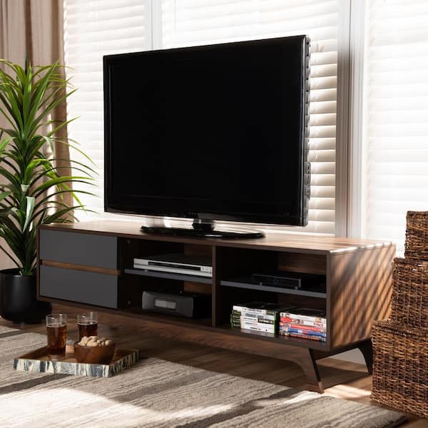 Baxton Studio Koji 59 in. Grey and Walnut Particle Board TV Stand