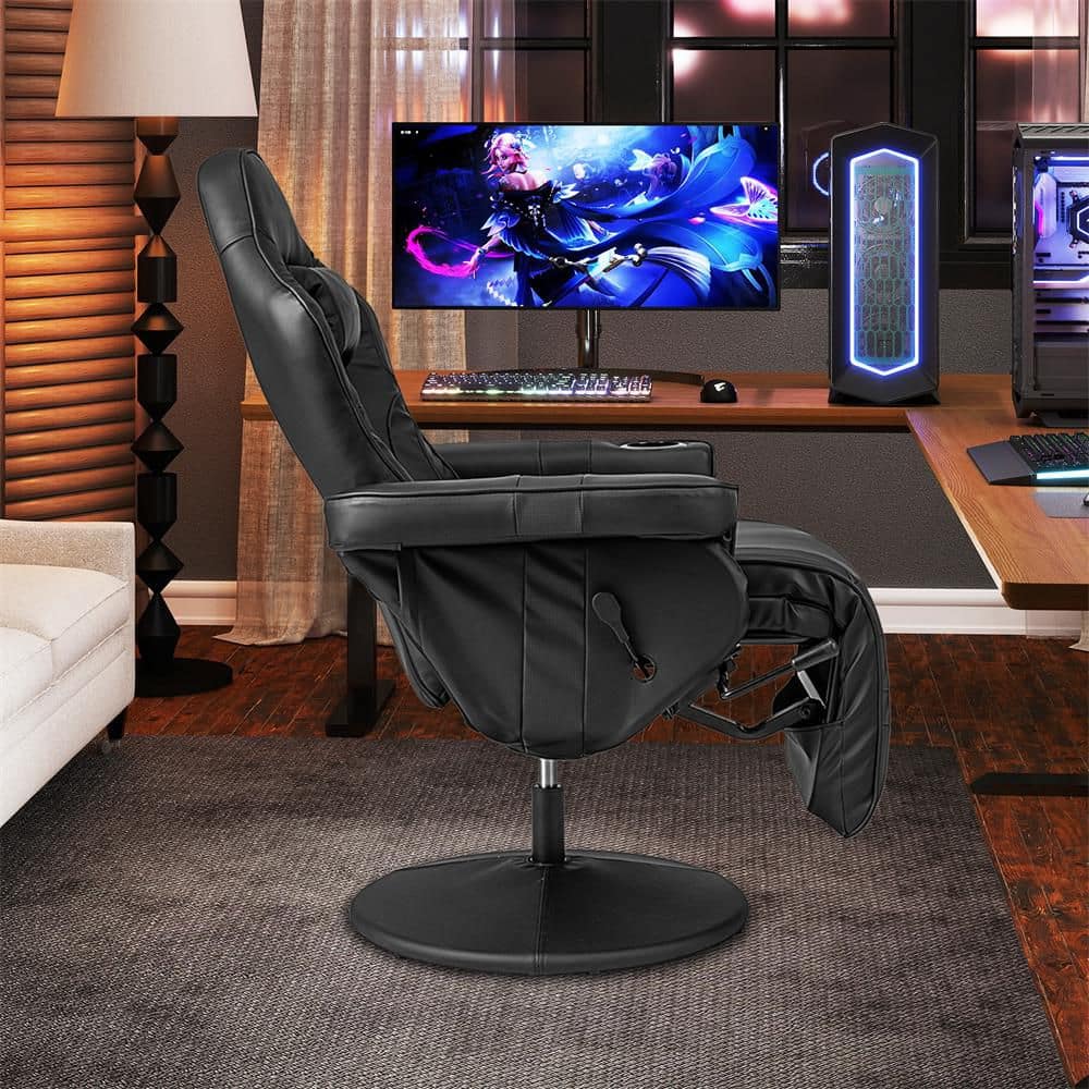 Faux Leather Adjustable Swivel Massage Vide Gaming Recliner Chair in Black w/ Retractable Footrest and Headrest