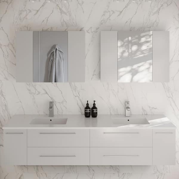 Fresca Lucera 72 in. Double Sink Wall Mount White Bath Vanity with White Quartz Top, Undermount Sinks and Medicine Cabinets