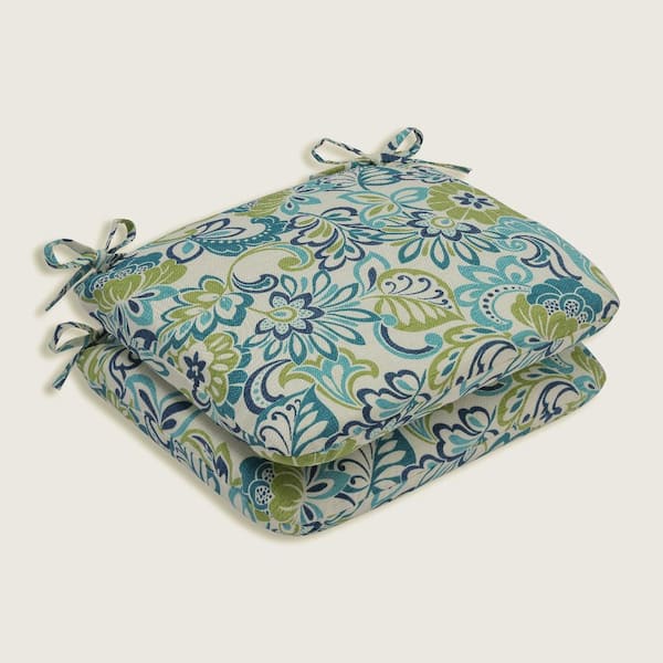 Pillow Perfect Floral 18.5 in. x 15.5 in. Outdoor Dining Chair Cushion in Blue/Green (Set of 2)