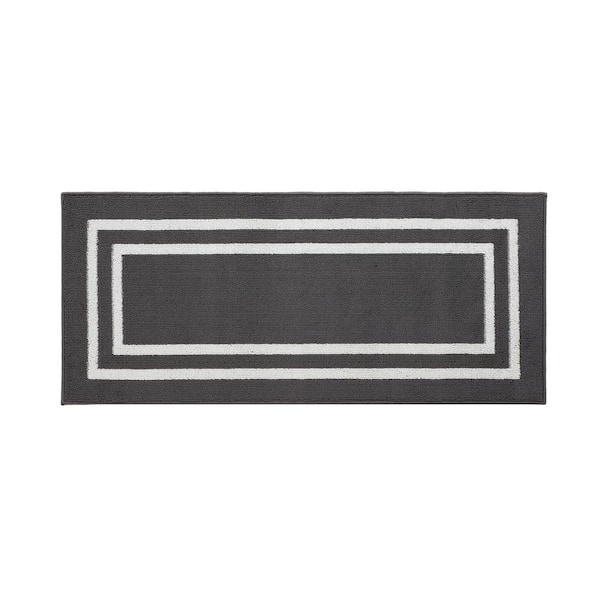 Jean Pierre Washable Non-Skid Dark Grey and White 26 in. x 60 in. Border Accent Rug