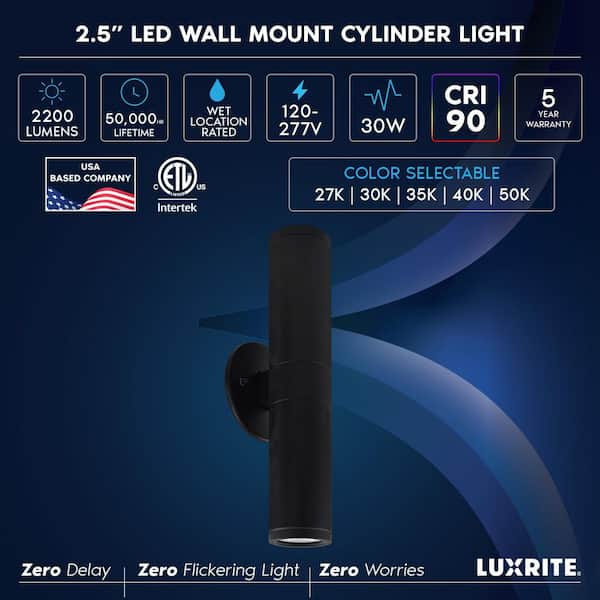 2.5 in. Cylinder LED Hardwired Up and Down Wall Lantern Scone, 15W, 1100LM, 5CCT CRI 90, Dual Dimmable, 120-277V, Black