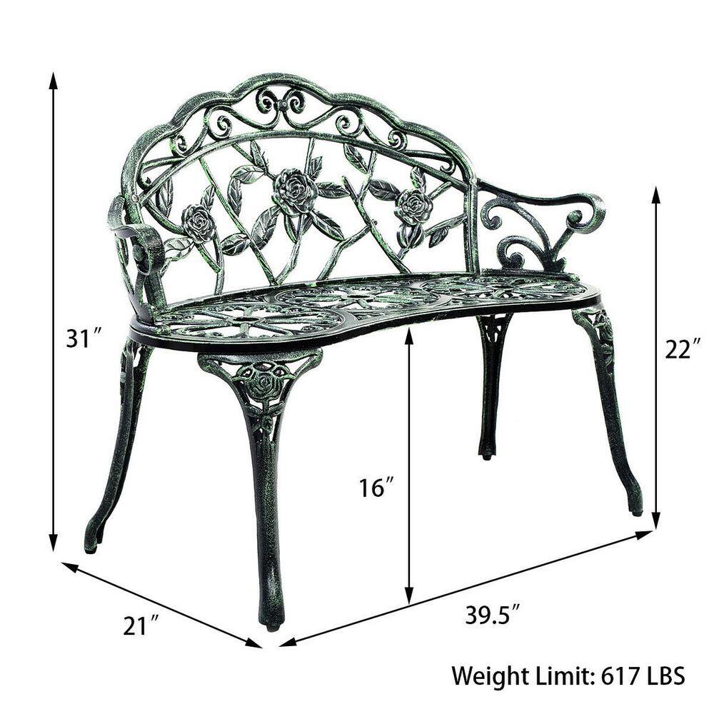 Elegant Antique Green Cast Aluminum Rose Garden Bench