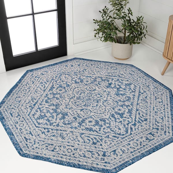 Sinjuri Medallion Textured Weave Navy/Gray 8 ft. Octagon Indoor/Outdoor Area Rug