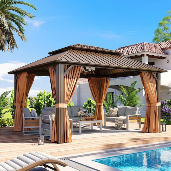 14 ft. x 12 ft. Brown Outdoor Dual-Layer Galvanized Steel Gazebo with Netting and Curtains for Garden, Patio, Lawns