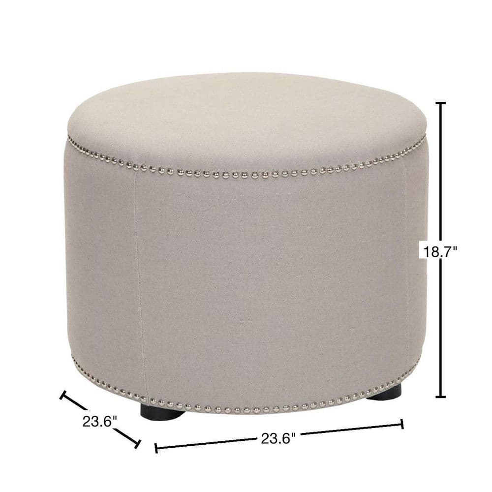 Transitional Round Beige Linen Ottoman with Nailhead Trim