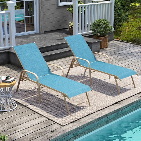 Pellebant 2-Piece Khaki Aluminum Adjustable Outdoor Patio Chaise Lounge with Armrest in Blue