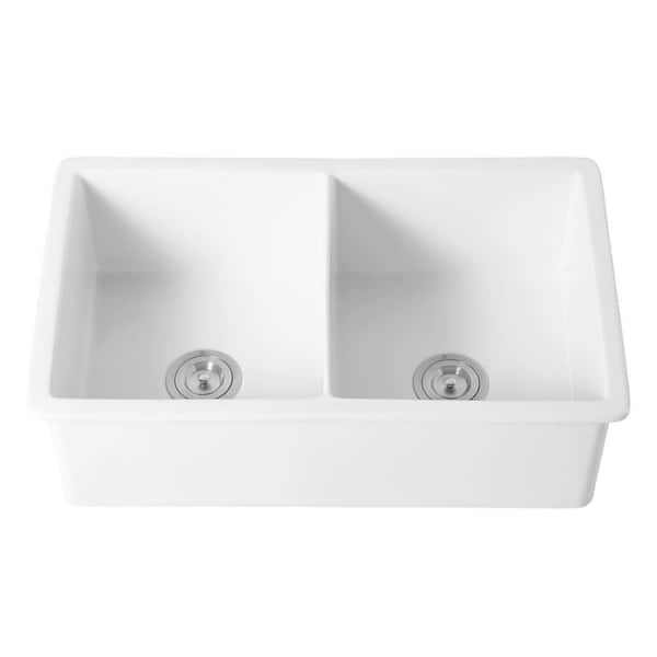 White Fireclay 32 in. Double Bowl Undermount Kitchen Sink with Basket Strainer and Sink Grid