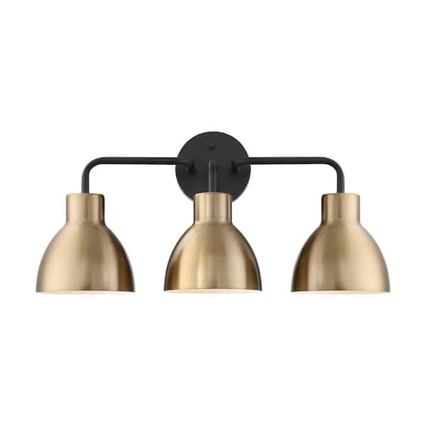 SATCO Sloan 21.63 in. 3-Light Matte Black/Burnished Brass Vanity Light with Burnished Brass Metal Shade