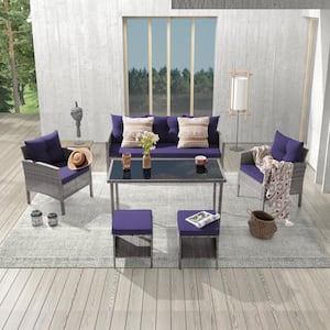 6-Piece Patio Outdoor Wicker Conversation Sofa Set Thickening With 3-Seater and Table for Poolside, Navy Blue Cushions