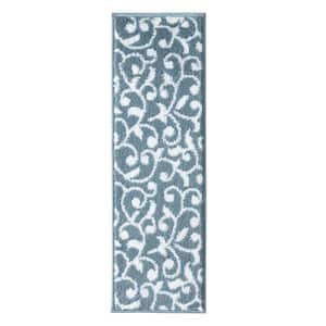 Leaves Collection Teal White 9 in. x 28 in. Polypropylene Stair Tread Cover (Set of 13)
