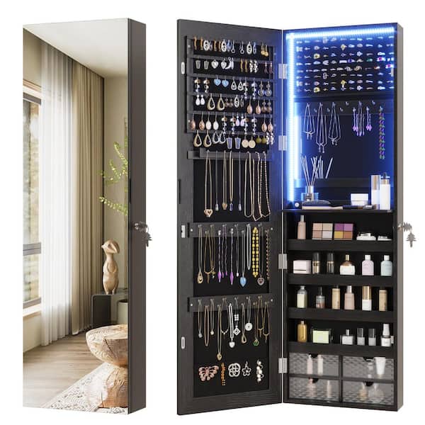 Afoxsos 47.2 in. Black Jewelry Armoire, Mirror Cabinet with Lights, Full-Length Mirror, Drawers and Bottom Shelf
