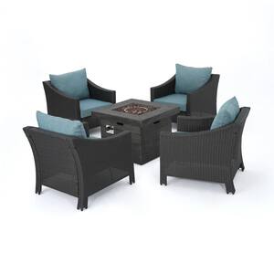 Antibes Grey 5-Piece Wicker Patio Fire Pit Seating Set with Teal Cushions