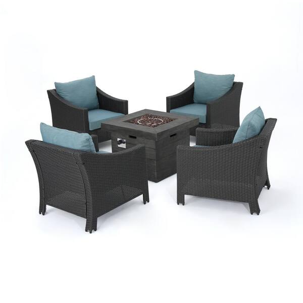 Noble House Antibes Grey 5-Piece Wicker Patio Fire Pit Seating Set with Teal Cushions