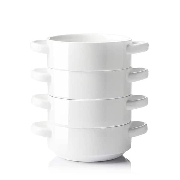 Ceramic Soup Bowls with Double Handles, 20 oz, White, Set of 4 for Pasta Dishes, Stew, Microwave Safe