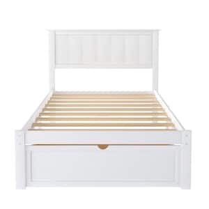 76 in. W White Twin Bed Frame, Wood Twin Platform Bed Frame with Storage Drawer, Wood Twin Bed Frame with Headboard