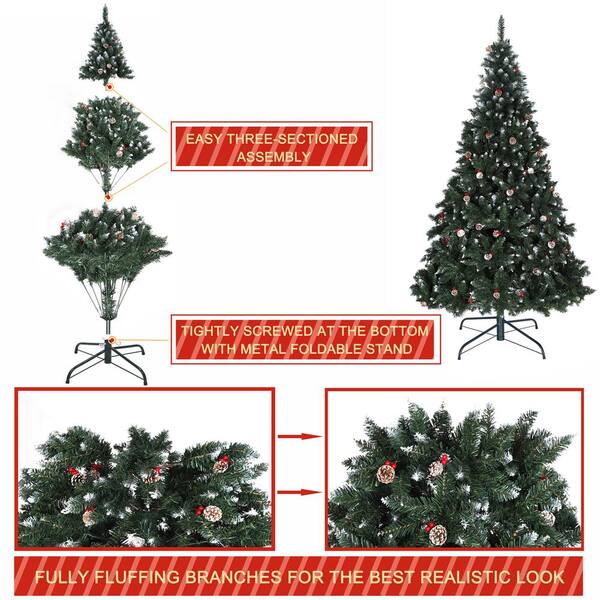 Veikous 6 Ft Unlit Flocked Artificial Christmas Tree With Pine Cones Red Berries 202006054 The Home Depot