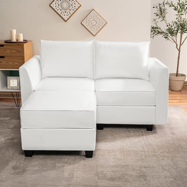 56.1 in. Straight Arm 2-piece Faux Leather Loveseat Sectional Sofa in. Bright White with Ottoman