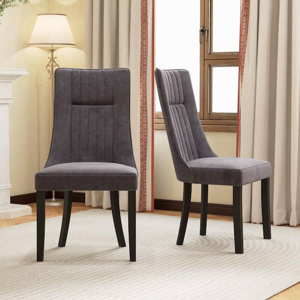Costway Gray Channel Tufted Dining Chairs with High Backrest Rubber Wood Legs Modern Set of 2