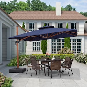 11 ft. Square High-Quality Wood Pattern Aluminum Cantilever Polyester Patio Umbrella with Base, Navy Blue