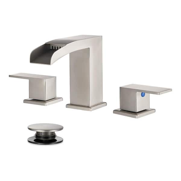 Waterfall 8 in. Widespread Double Handle Low Arc Bathroom Faucet with Drain kit Included in Brushed Nickel(1-Pack)