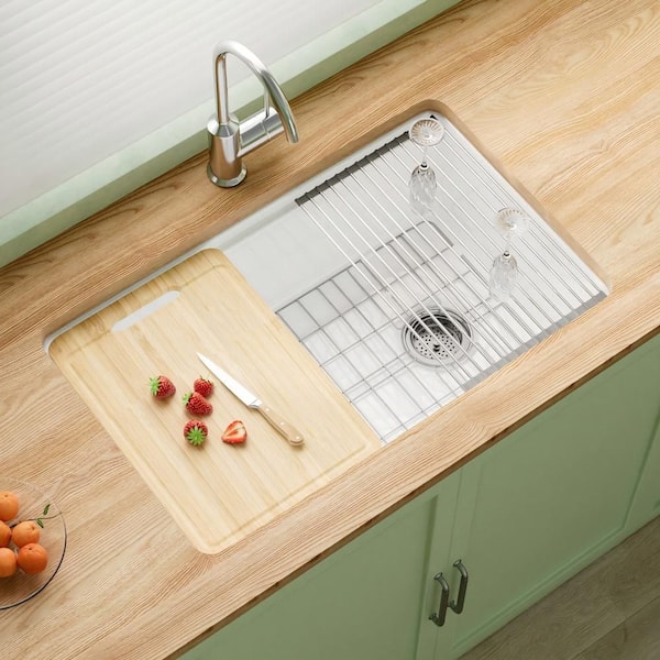 Workstation Kitchen Sink 30 in. Drop-In Single Bowl White Fireclay Sink with Cutting Board Bottom Grid and Offset Drain