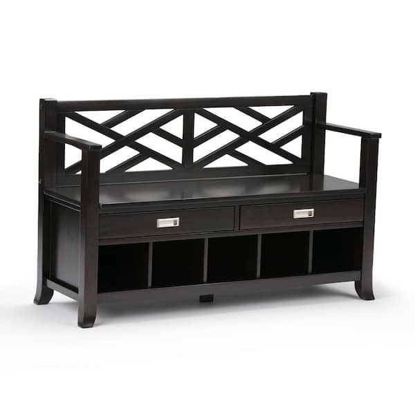 Simpli Home Sea Mills Solid Wood 48 in. Wide Transitional Entryway Storage Bench with Drawers and Cubbies in Espresso Brown