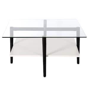 32 in. Black Square Glass Coffee Table with Shelves;Storage