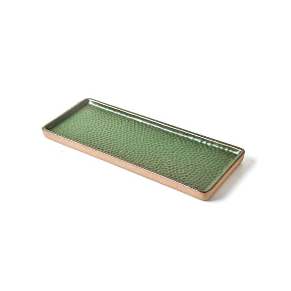 Green Decorative Tray for Dresser Vanity Tray with Brown Trim Candle and Bathroom Organizer